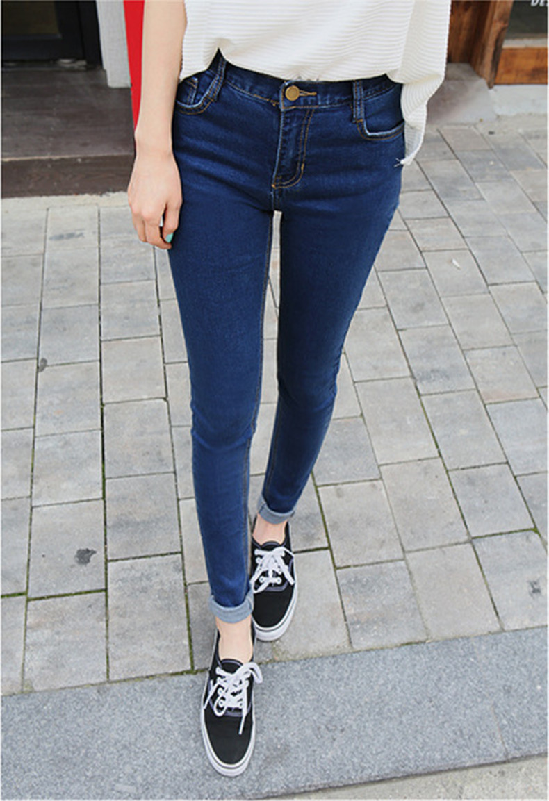 货源外贸弹力高腰牛仔裤女显瘦学生小脚铅笔裤深蓝色修身九分女裤