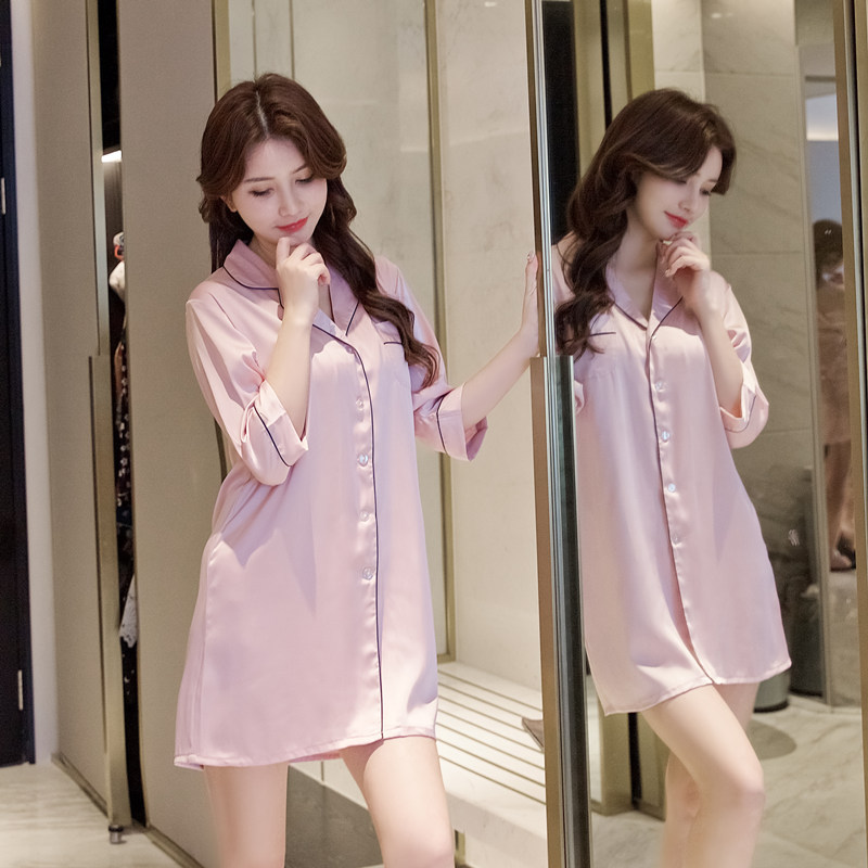 夏天真丝睡衣女短袖短裙韩版夏季七分袖薄款女士性感冰丝绸缎睡裙