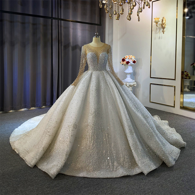 欧美热销婚纱2024夏季新款时尚优雅珍珠长袖蕾丝亮片白色新娘婚纱