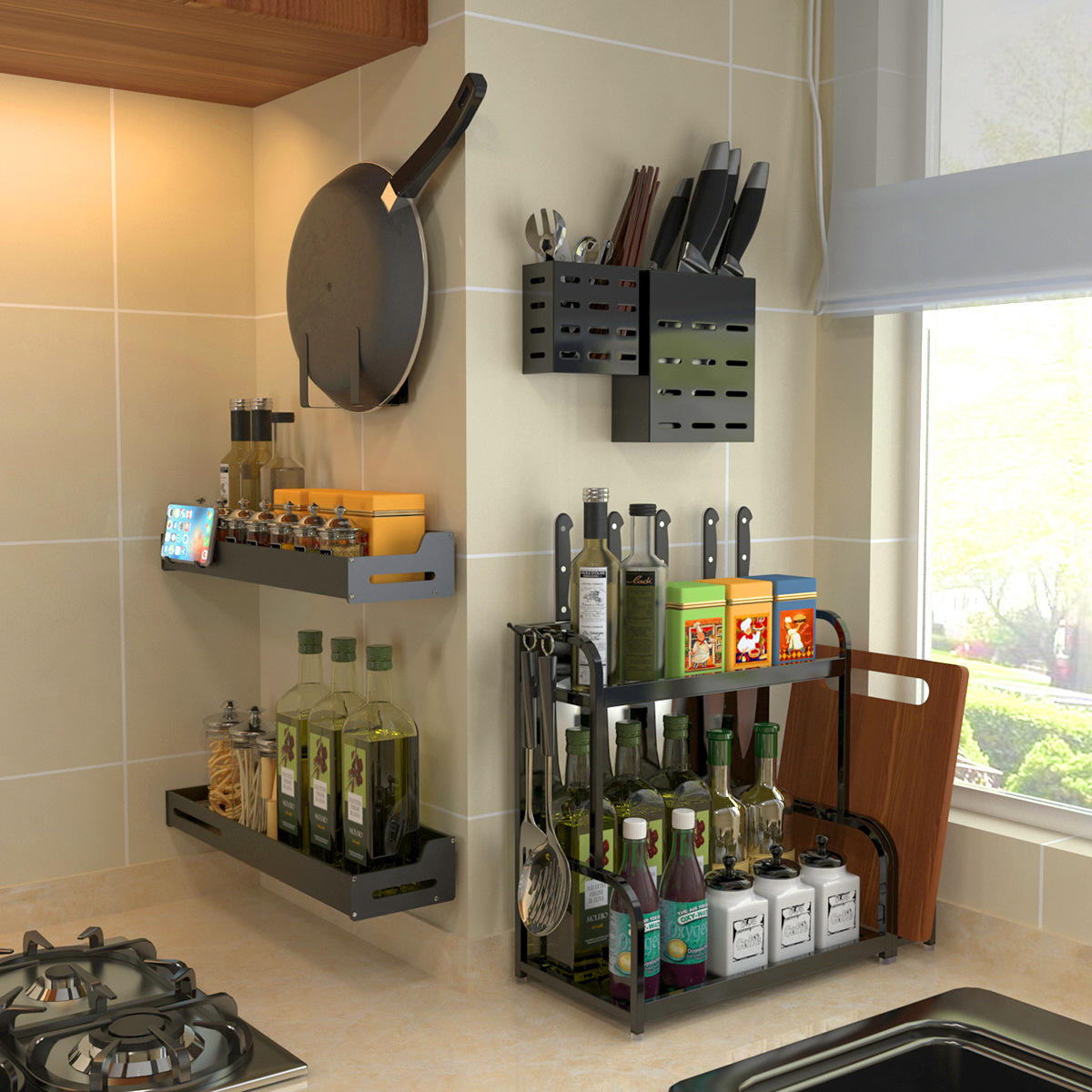 厨房置物架免打孔壁挂式家用调味料用品大全刀架沥水挂架收纳架子