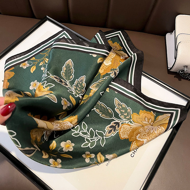 Spring and Autumn New Silk Scarf Plant Flower Small Square Towel Thin Mulberry Silk All-Match Office Lady Style Neck Protection Small Scarf