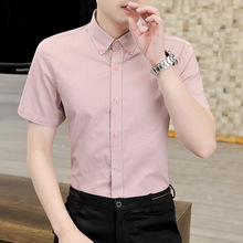 跨境货源 夏季新款细格短袖衬衫男士 韩版修身青年休闲衬衣外搭潮