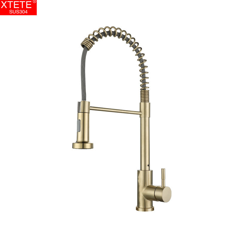 Cross-Border Manufacturers 304 Stainless Steel Electroplated Brushed Gold Black and White Vegetable Washing Basin Kitchen Pull-out Spring Faucet Water Tap