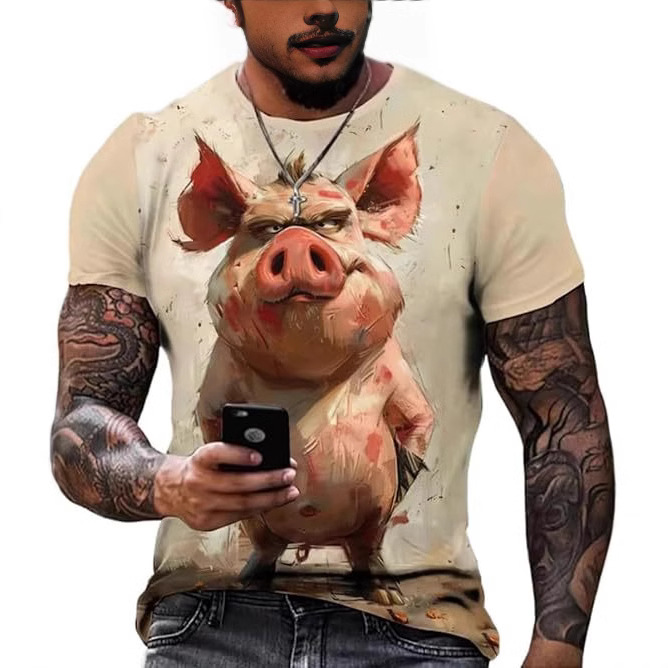 新款搞怪动物3D数码印花欧美跨境新款男装休闲圆领短袖t恤厂家直