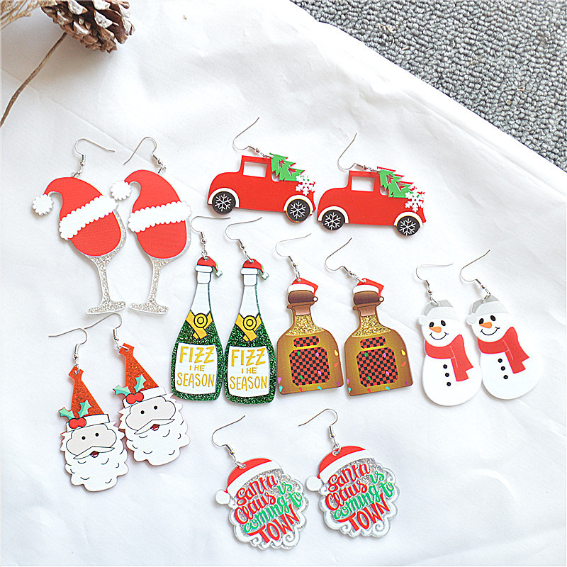 european and american foreign trade new christmas dress-up earrings exaggerated printing long car snowman wine bottle elderly earrings for women
