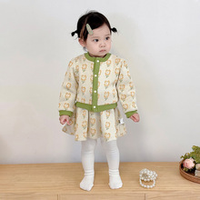 女童套装23年新款韩版长袖外套儿童小花连衣裙套装春秋款两件套