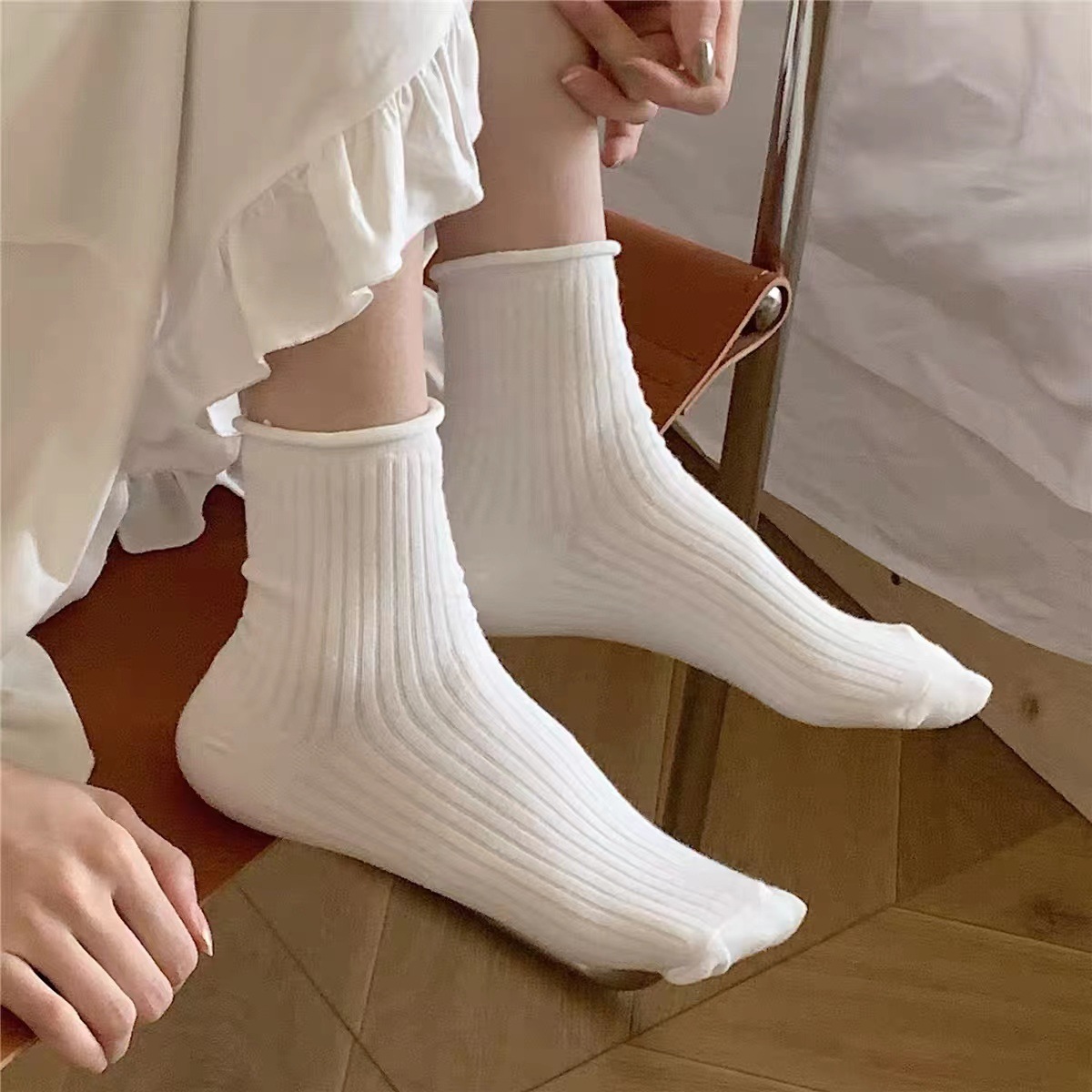 复古纯色卷边短筒袜玛丽珍鞋袜jk制服可爱少女夏季ins百搭中筒袜