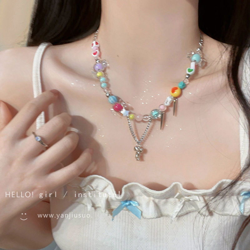 Sweet Cool Girl ~ Colorful Beaded Love Necklace Female Ins Trendy Special-Interest Design Light Luxury High-Grade All-Match Clavicle Chain