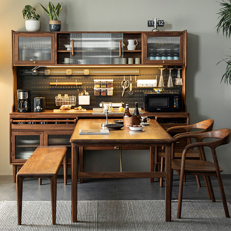 北美黑胡桃木全实木餐桌一体餐边柜樱桃木原木橡木靠墙多功能高柜