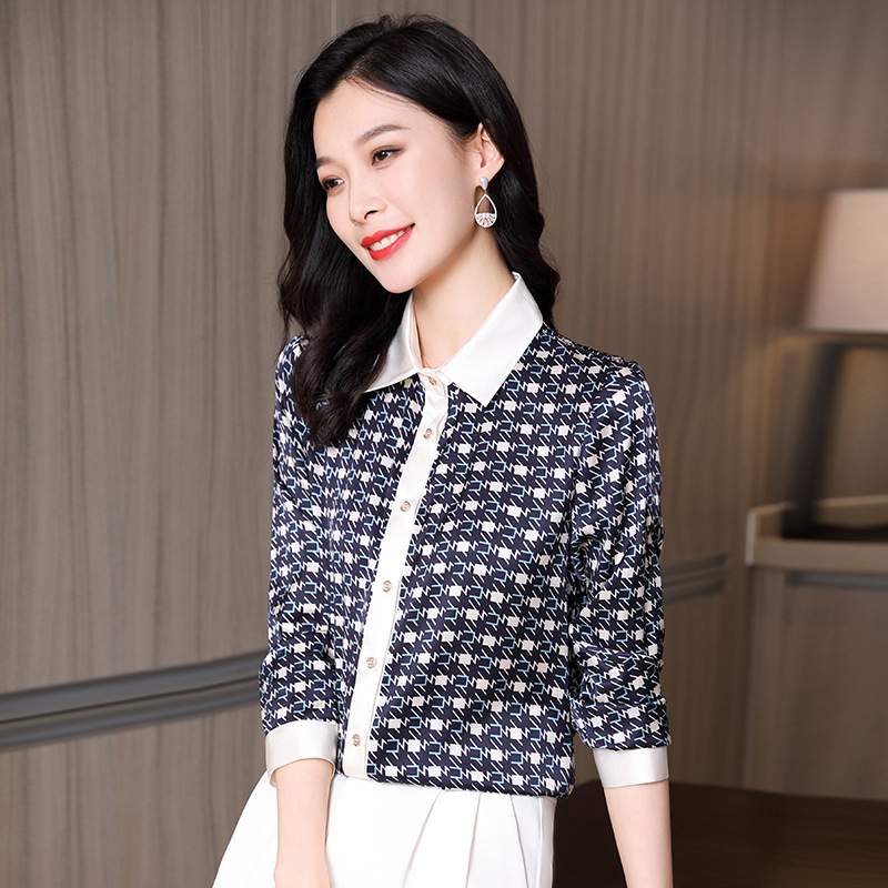 妈妈春秋新款红底格子重磅真丝衬衫长袖高贵中年女装气质衬衣上衣