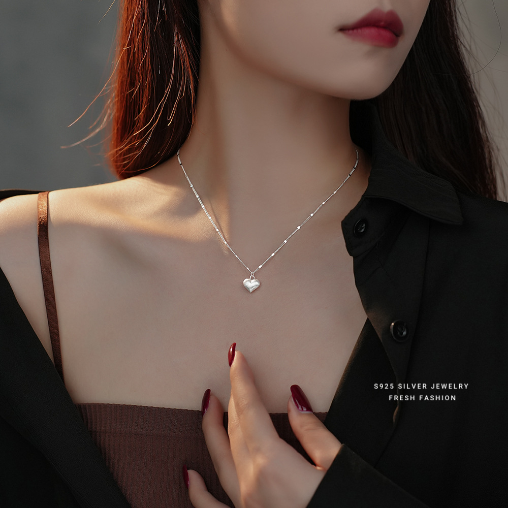 s925 sterling silver brushed love necklace pendant female minority simple high-grade heart-shaped all-match clavicle chain wholesale