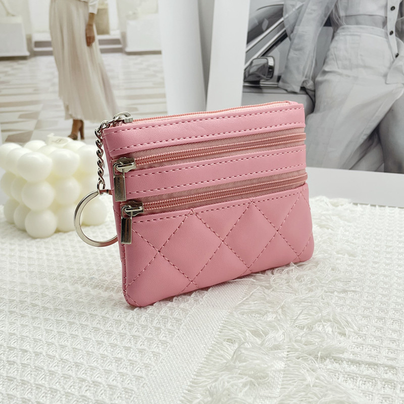 Women's Double Zipper Coin Purse Key Ring Multiple Card Slots Small Bag Rhombic Embroidery Thread Wallet Korean Mini Clutch