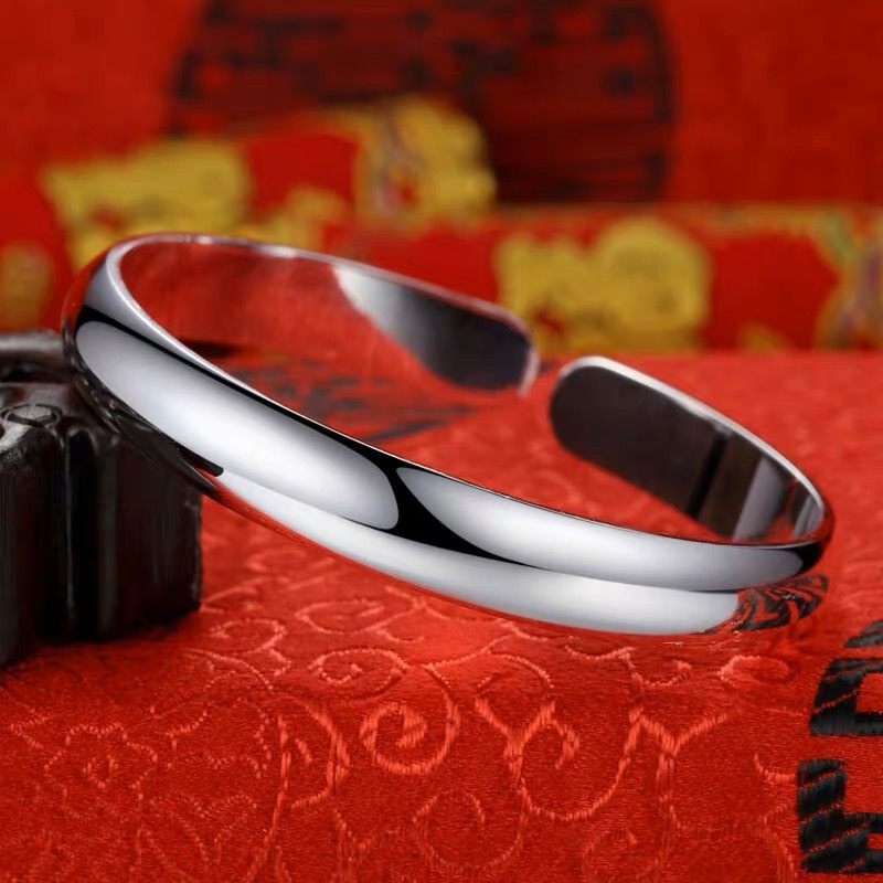 银手镯999纯银年轻款妈妈生日礼物足银银镯子女款素圈心经贵妃镯