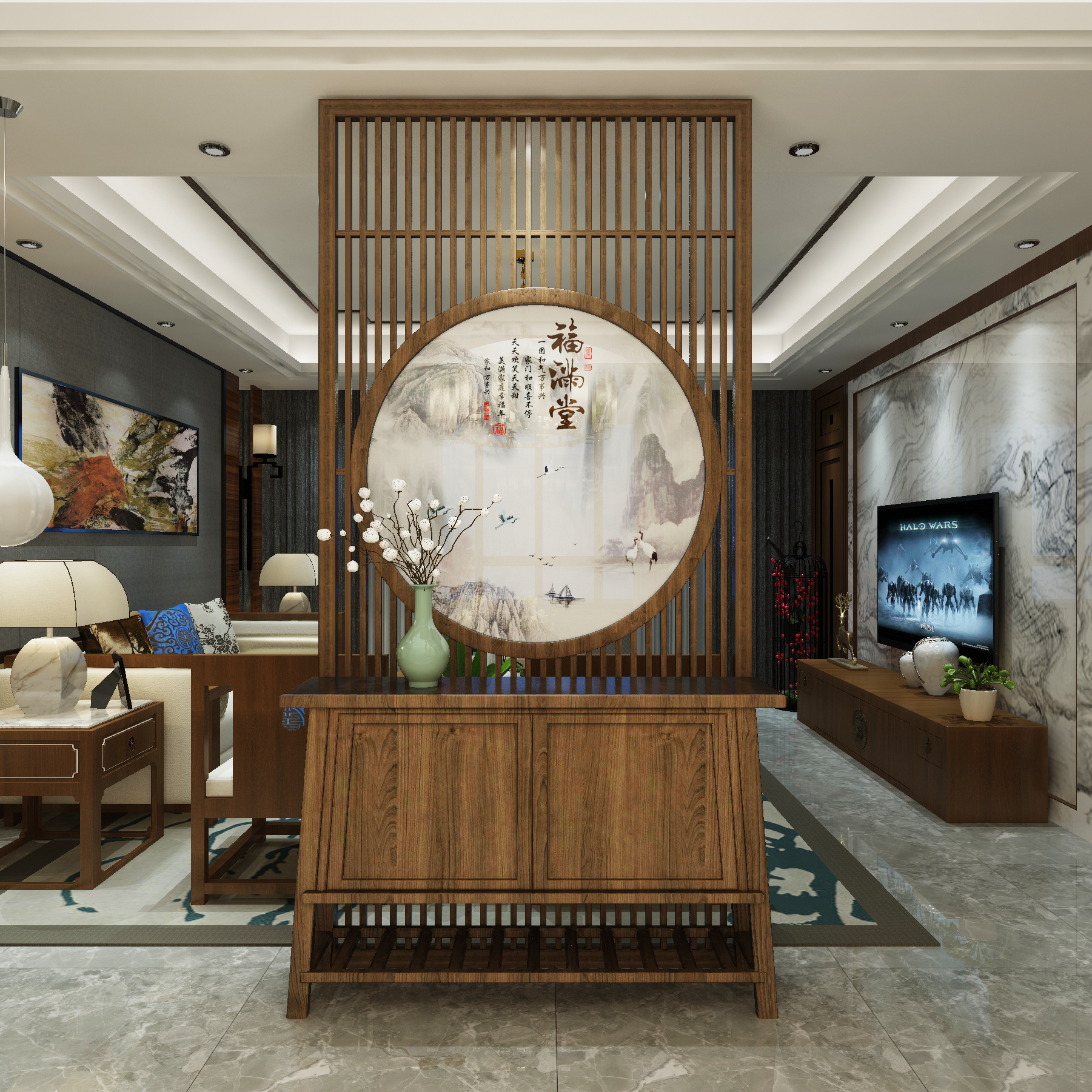 新中式屏风隔断实木玄关格栅客厅入户装饰酒店办公室遮挡家用