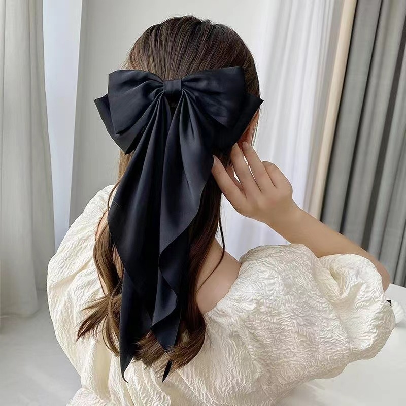 Liu Shishi's Same Style Satin Black Large Bow Barrettes Back Head Ponytail Clip Headdress Hairpin Head Clip Female