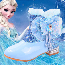 新款女童短靴加绒冬季水钻爱莎公主靴女孩儿童高跟单靴蓝色艾莎鞋