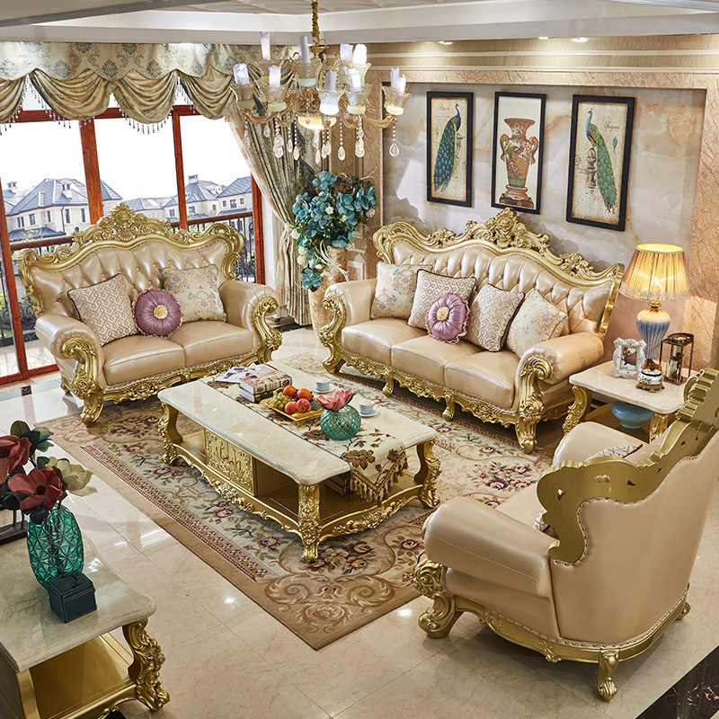 真皮别墅欧式奢华酒店客厅高档复古定制欧式沙发123组合实木雕花