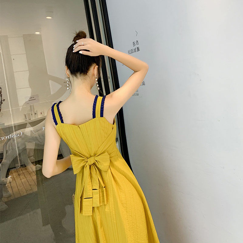 黄色吊带裙子网红绑带收腰子女夏中长款不规则高档