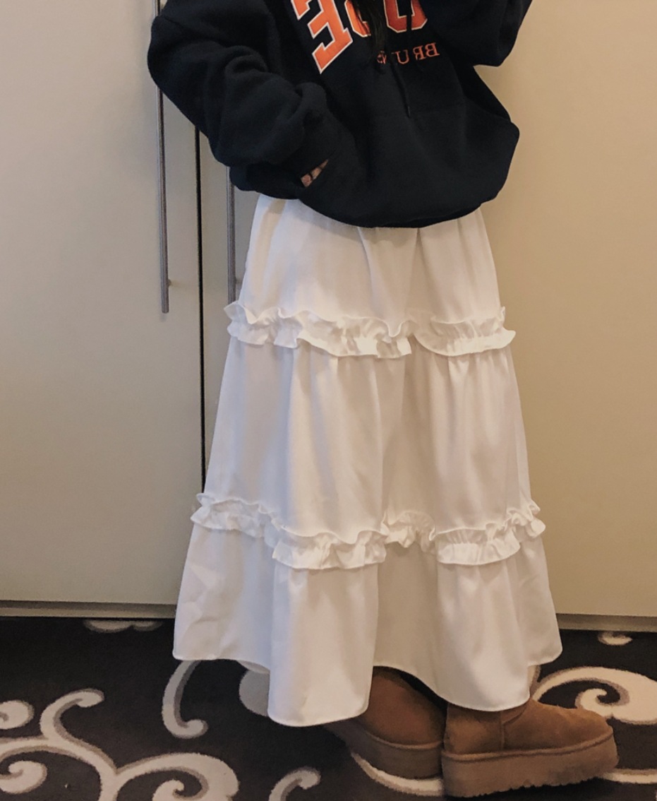 春季新款韩国ins日系风半身裙甜美荷叶边花边宽松型白色长裙纯色