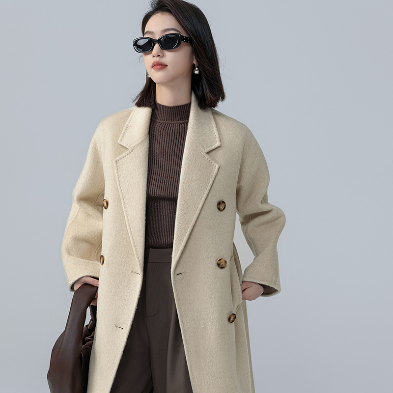 2023新款m家801双面30羊驼绒大衣女中长款双排扣高端羊毛呢子外套