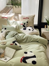 卡通毛巾绣嵌线磨毛四件套保暖熊猫纯棉床上用品加厚全棉床单被套