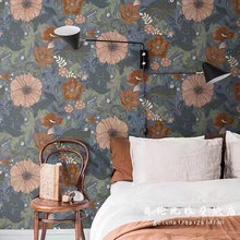 北欧风格墙纸卧室客厅壁纸瑞典欧式大花田园植物灰蓝色墙布装饰布