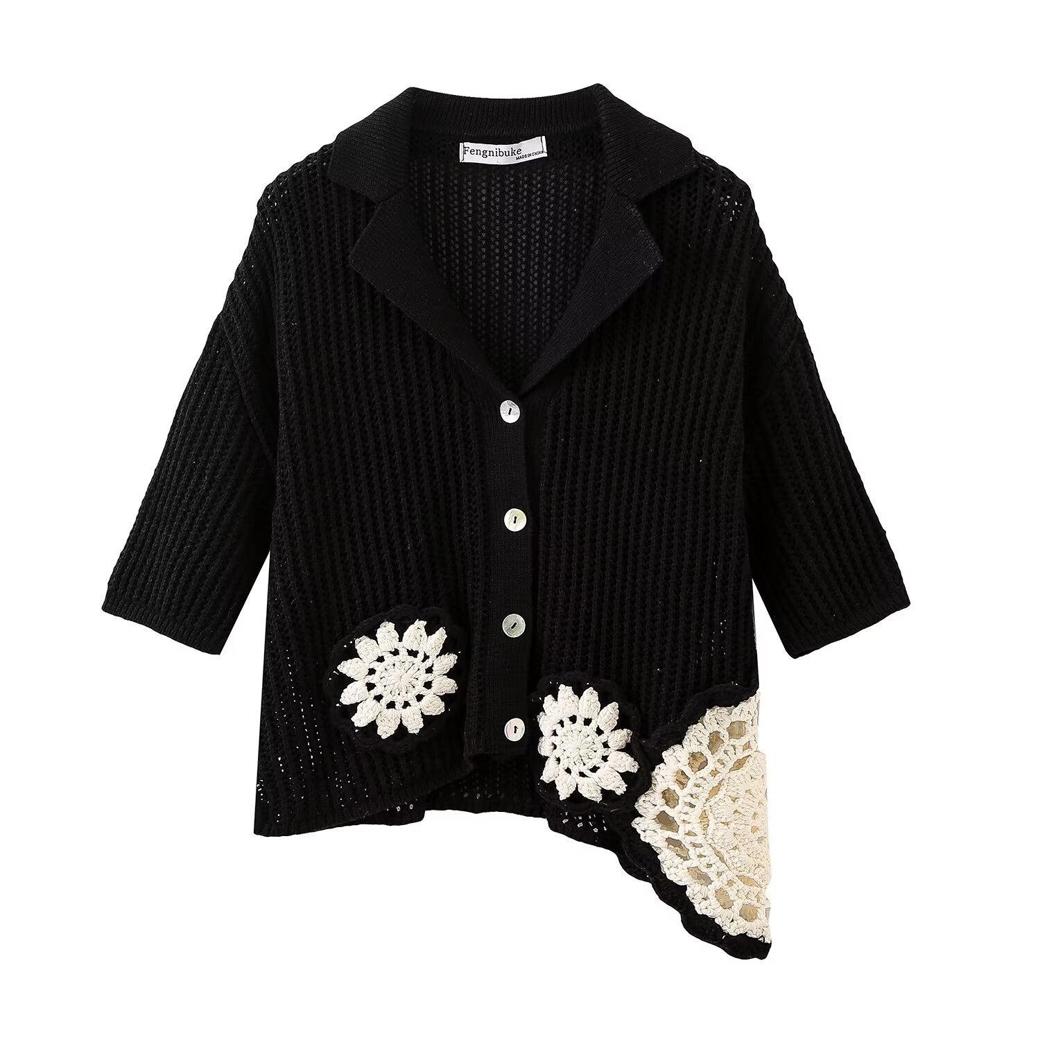 欧美风2024夏季新款女装短袖撞色钩针编织上衣不对称针织衫批发