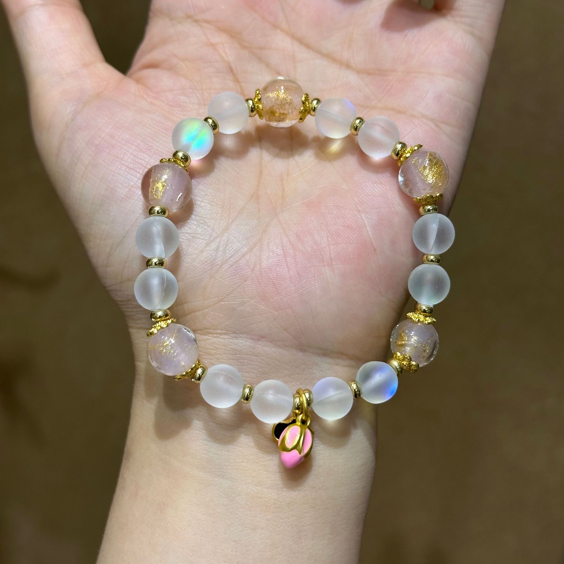 粉色金箔琉璃热卖彩色闪光石七彩水晶手链仿月光石磨砂白色手串