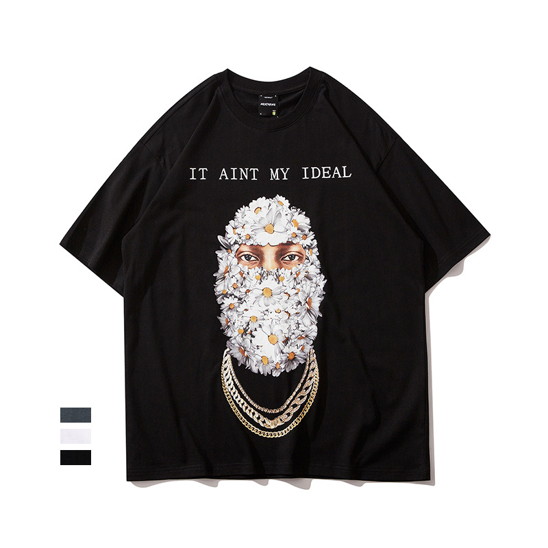 外贸高街oversized 半袖t恤情侣大码短袖雏菊头像男女款圆领棉短t