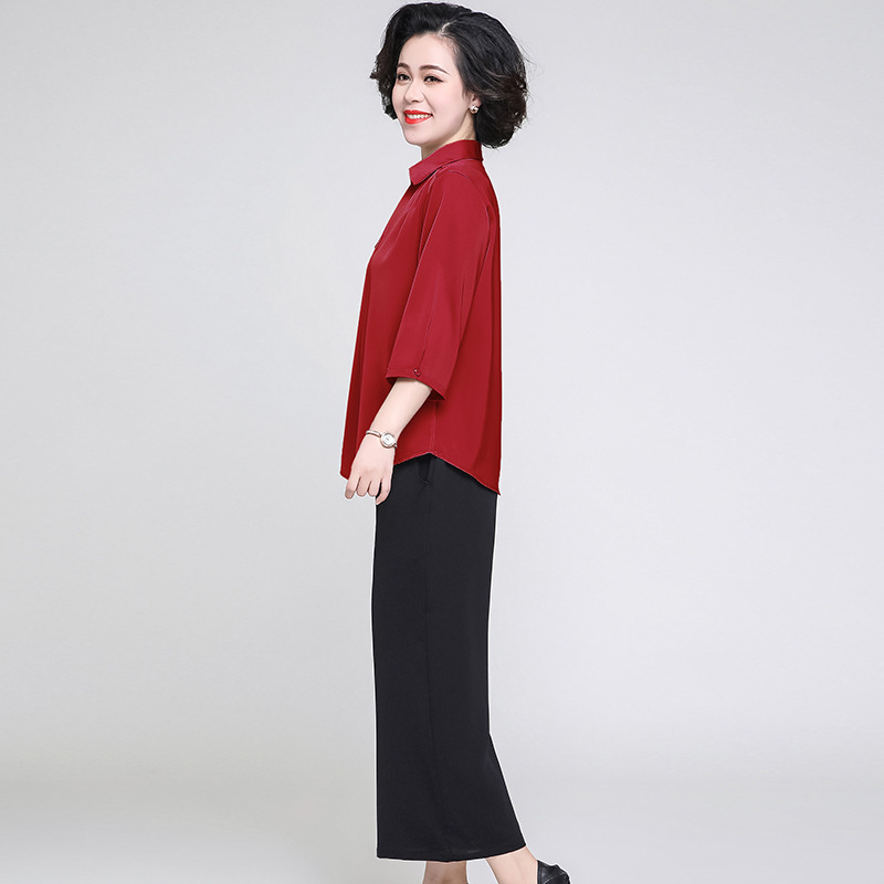 Middle-Aged Mom Spring and Autumn Top Western Style Wide-Leg Pants Two-Piece Set 40-Year-Old 50 Middle-Aged and Elderly Women's Summer Lapel T-shirt