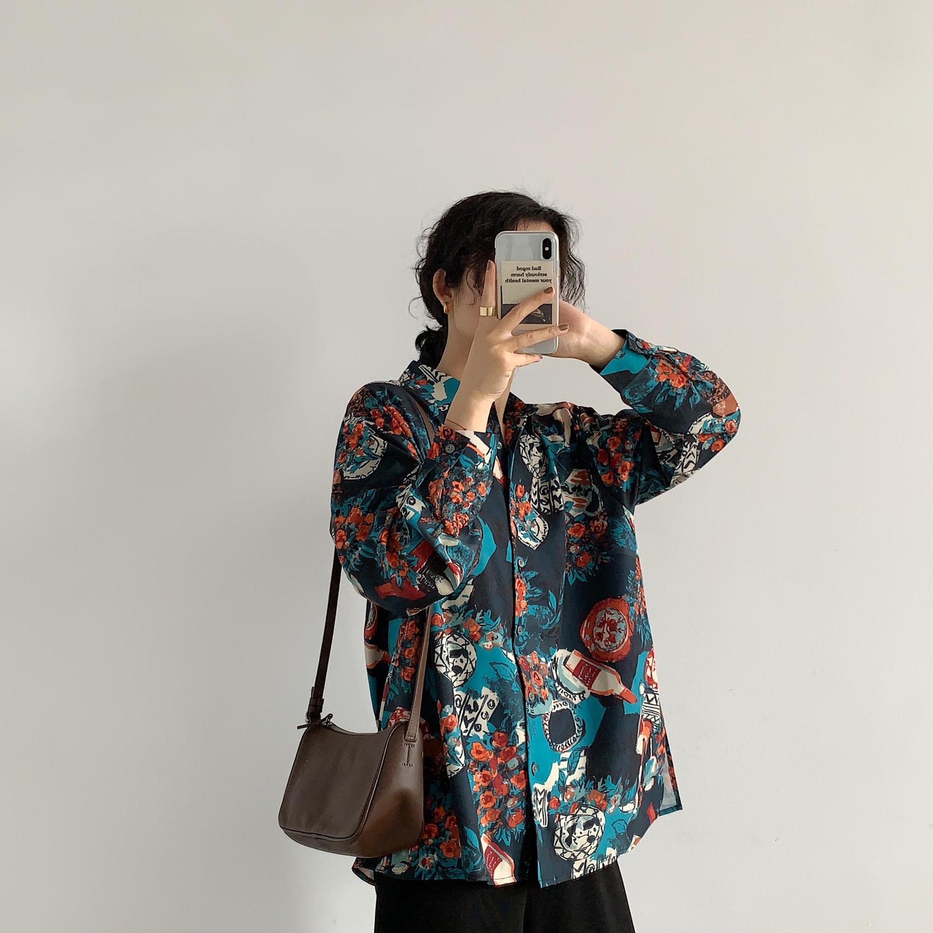 花衬衫女2020秋季新款韩版复古港风舒适丝滑感长袖衬衣宽松上衣