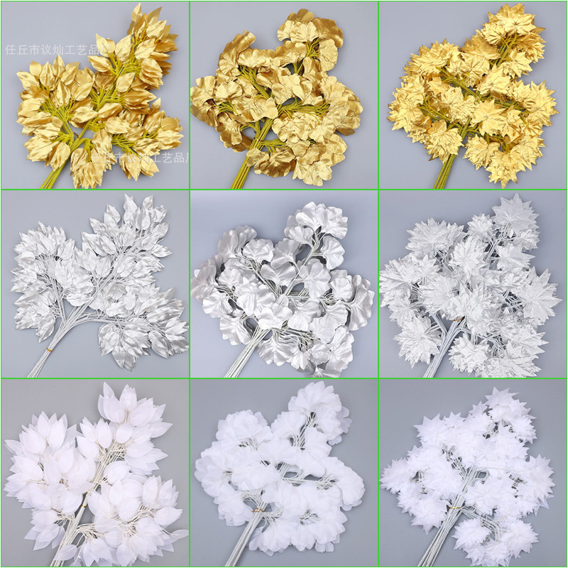 Simulation Branch Golden Silver Banyan Ginkgo Leaf Wedding Fake Branches Wedding Decoration Yellow Leaves Maple Leaves