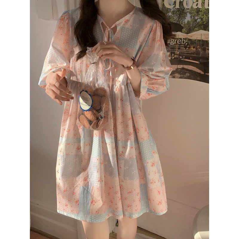 跨境外贸2024韩版简约复古花纹短款宽松娃娃裙家居服睡裙女-阿里巴巴