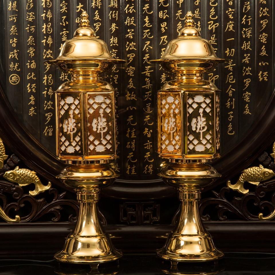 台湾盛凡铜鎏金龙藏宫灯佛字铜雕镂空纱绢灯罩家用寺庙供灯神社灯