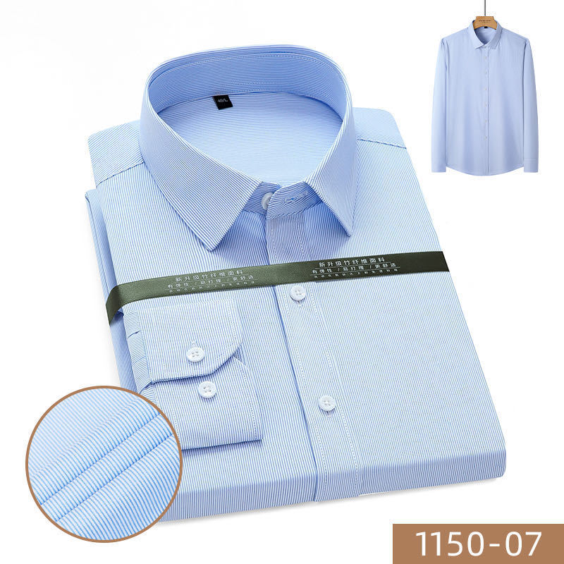 Men's Long-Sleeved Bamboo Fiber Shirt Young and Middle-Aged Slim Fit Square Collar Business Leisure Iron-Free Workwear Striped Shirt Generation Hair