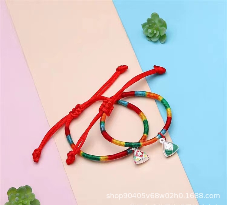 Dragon Boat Festival Woven Colorful Braided Rope Sterling Silver Zongzi Bracelet Pure Silver 999 Fu Character Small Zongzi Necklace Activity Souvenirs