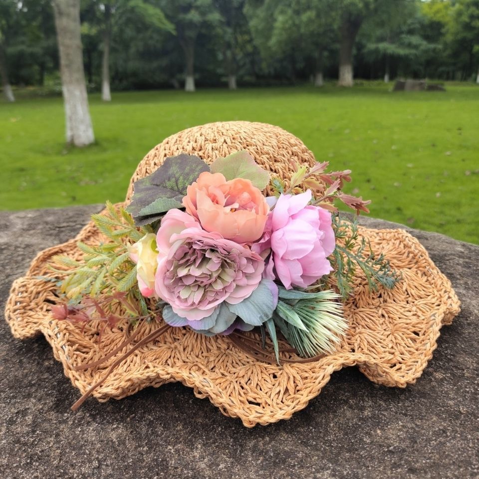 Woven Hat Women's Korean-Style Fashionable All-Match Flower Straw Hat Women's Summer Fresh Handmade Woven Beach Hat Foldable