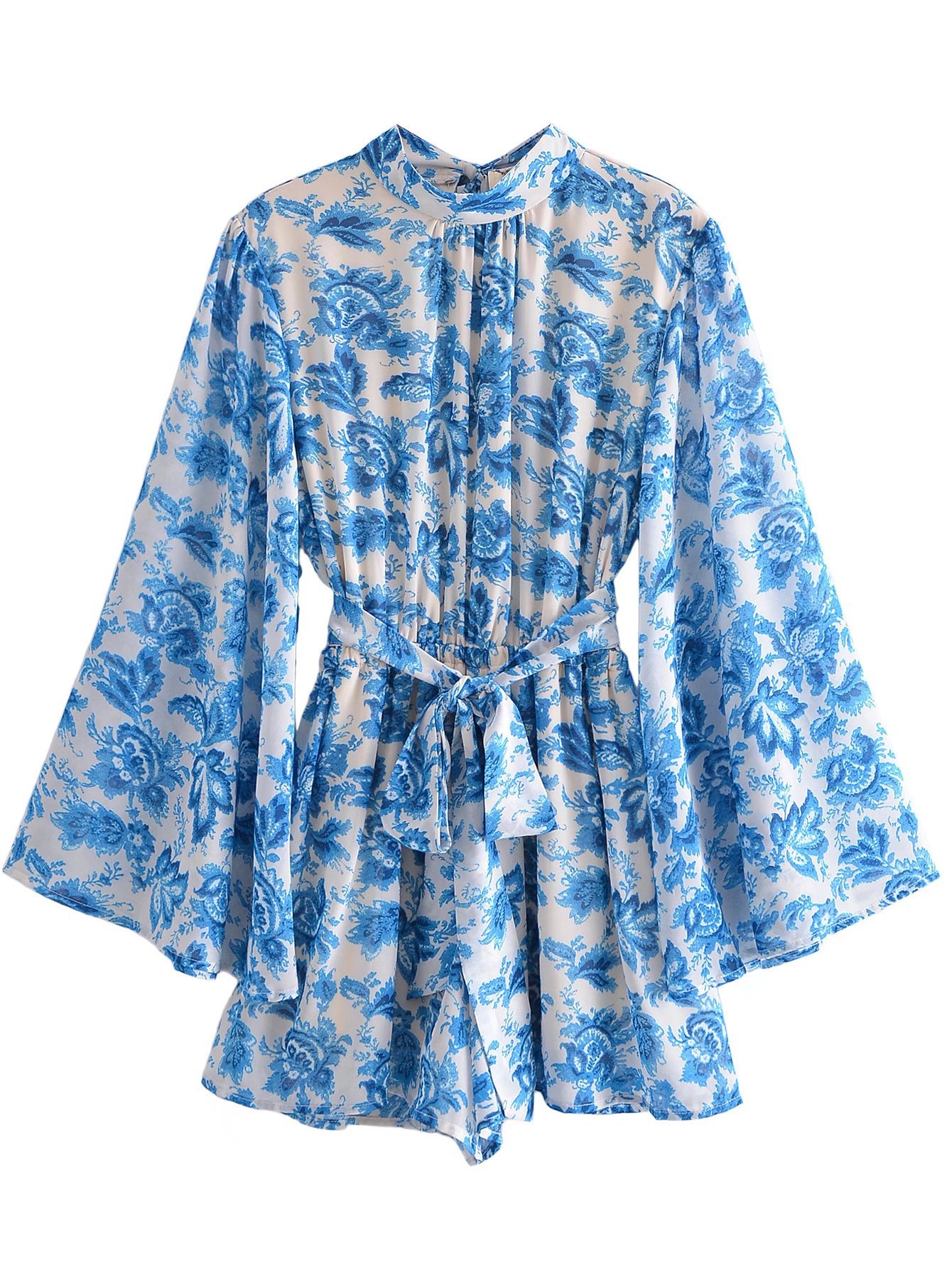 外贸2022欧美夏新款优雅圆领宽袖蓝色印花收腰露背连衣裙女60756