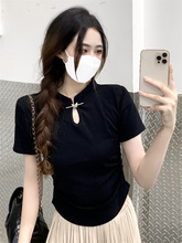 新中式中国风立领短袖t恤女装夏季2024新款黑色修身盘扣短款上衣
