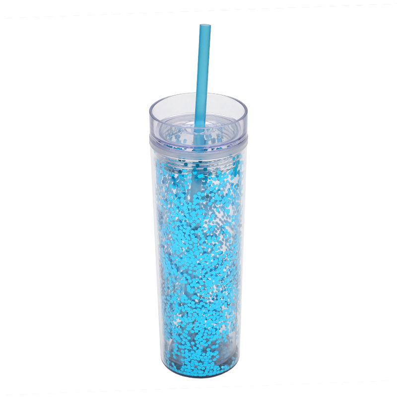 2022 Cross-Border Amazon New Gradient Color Rainbow Color Water Cup Straight Sequins Handy Double Plastic Straw Cup
