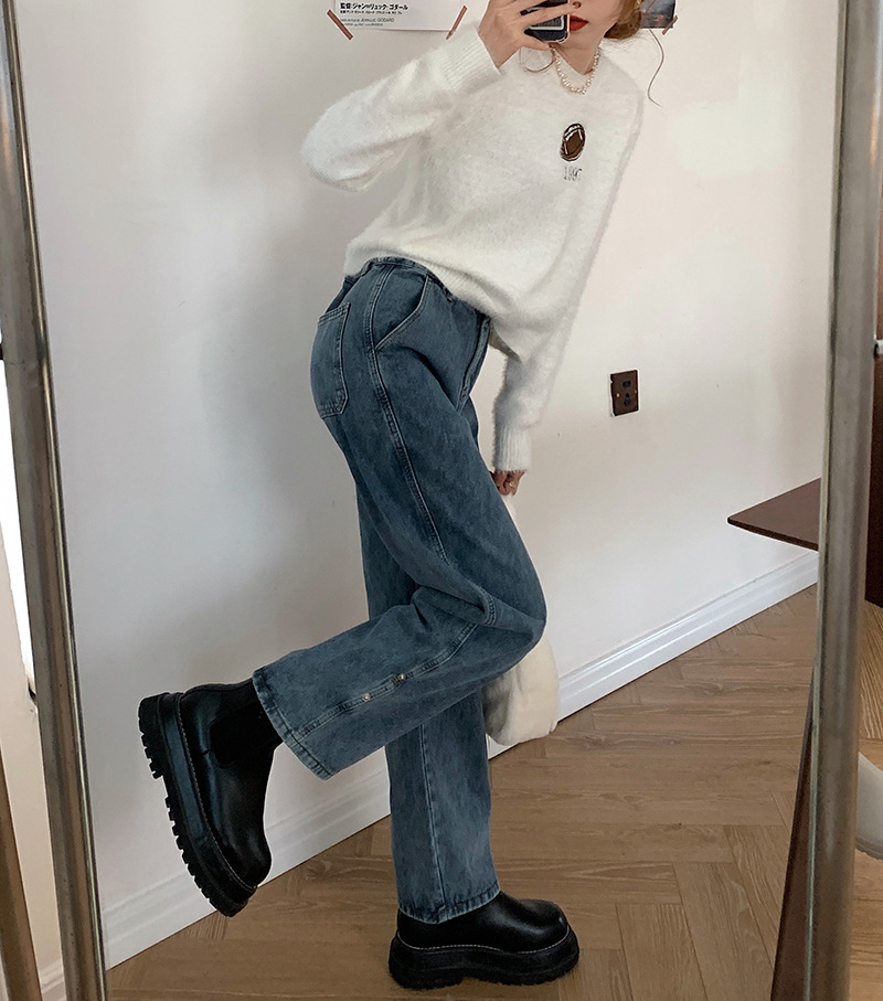 实拍 高腰显瘦牛仔长裤女裤腿纽扣可调节卷边阔腿直筒裤34663