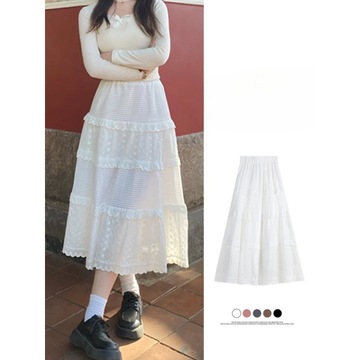 白色半身裙女春款高腰a字裙蛋糕裙温柔风长裙设计感小众裙子