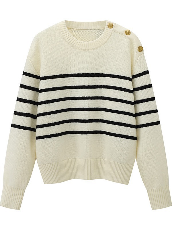 现货2023冬季新品女装宽松金扣肩袢短款条纹毛衣针织衫mbc4swt006