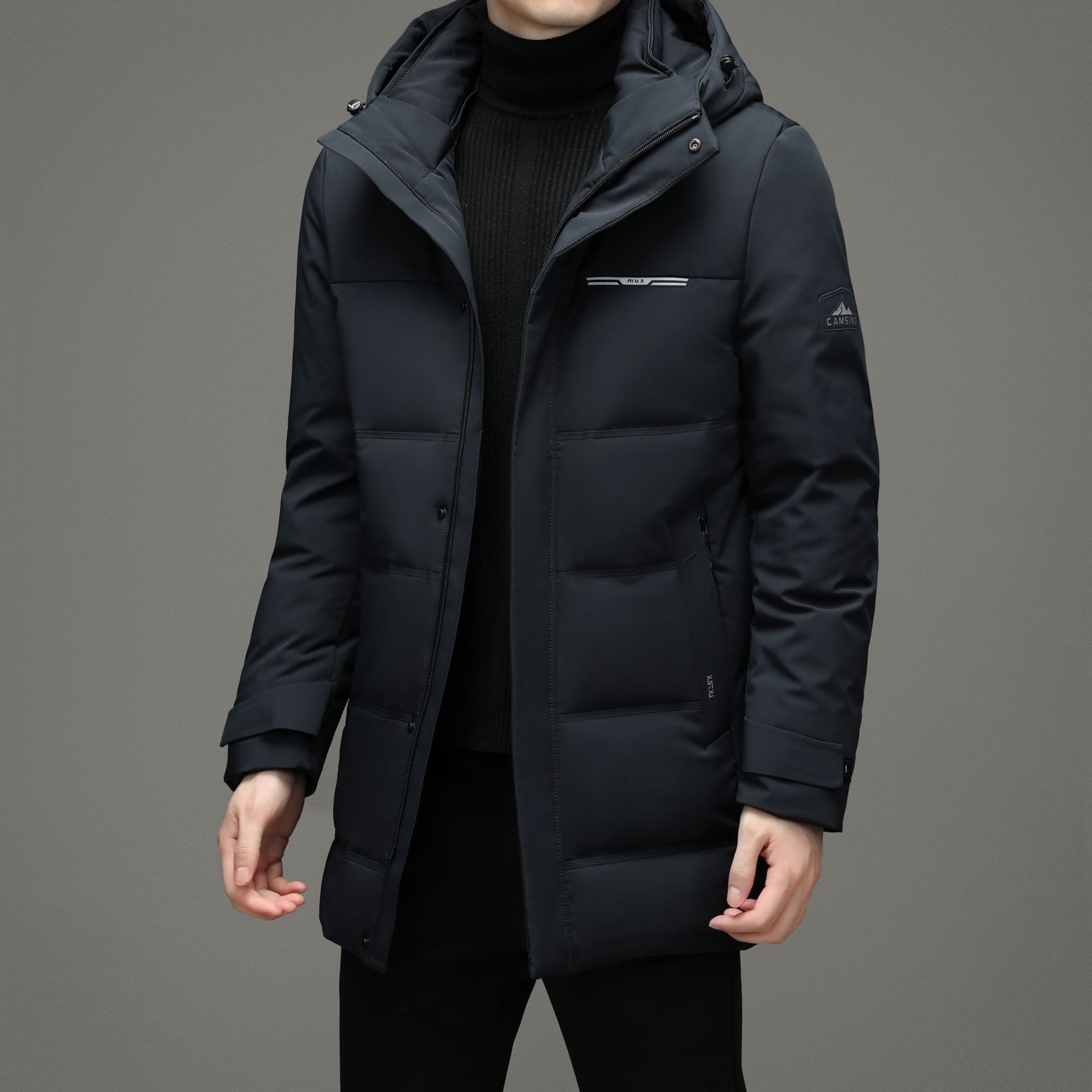 休闲加厚羽绒外套冬季保暖中长款防风衣男士中青年连帽羽绒服男装