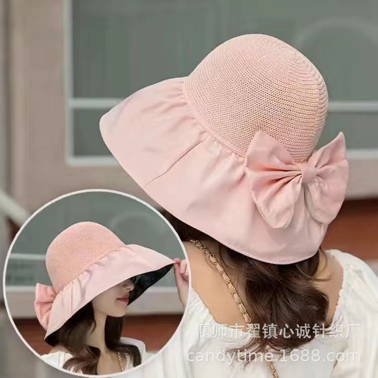 Summer New Buggy Bag Vinyl Sun Protective Hat Bow Female Breathable Big Brim Outdoor Beach Bucket Hat Wholesale