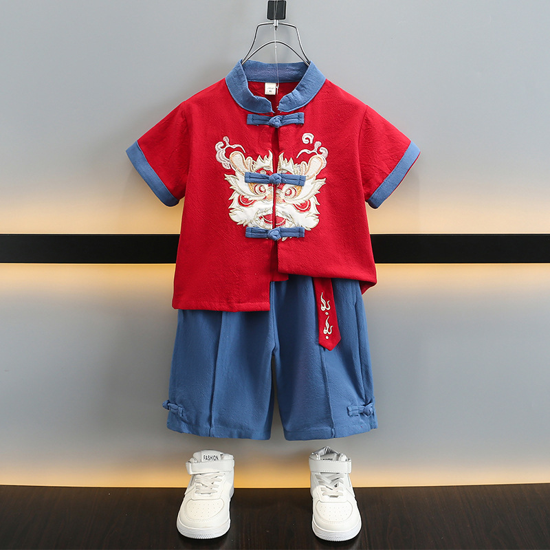 儿童夏装汉服国潮唐装短袖短裤男童夏季国风套装男孩中式表演服
