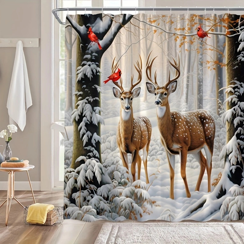 [Muqing] Christmas Elk Series Shower Curtain Punch-Free Waterproof Mildew-Proof Shower Curtain Hanging Curtain Mori Style Shower Curtain Batch