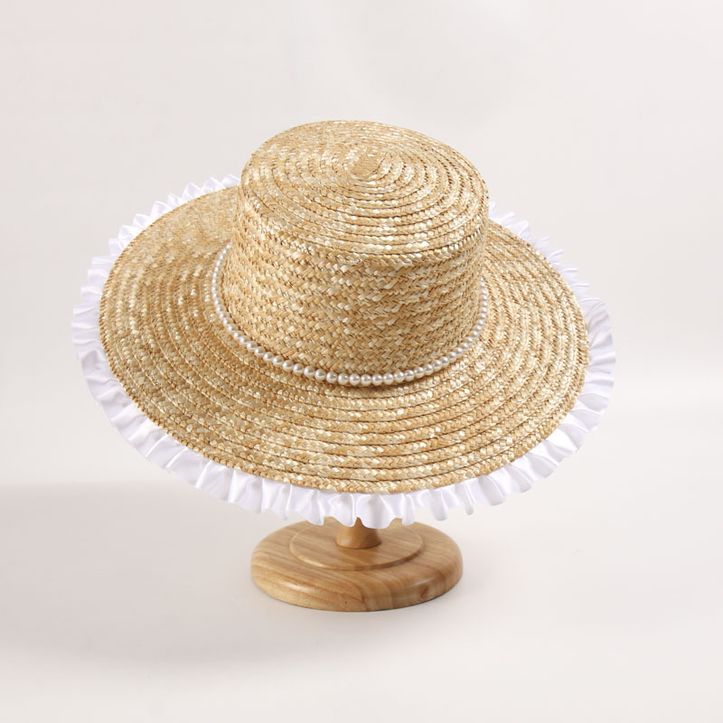 春夏细麦秆草编珍珠帽檐白布边欧美ins遮阳沙滩度假风写真草帽hot