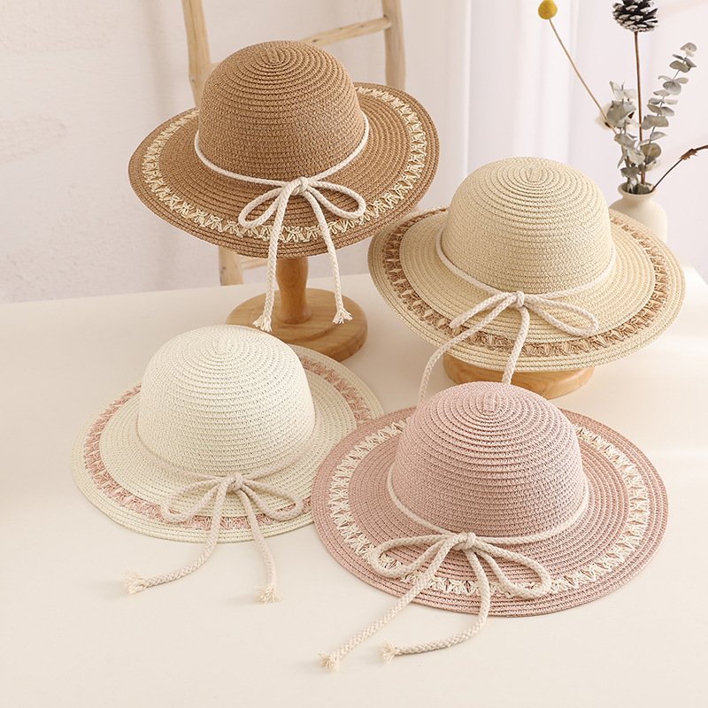 Children's Hat Female Spring and Summer Sun Protection Princess Beach Hat Girl's Tied Rope Bow Baby Sun Protection Fisherman Hat Tide