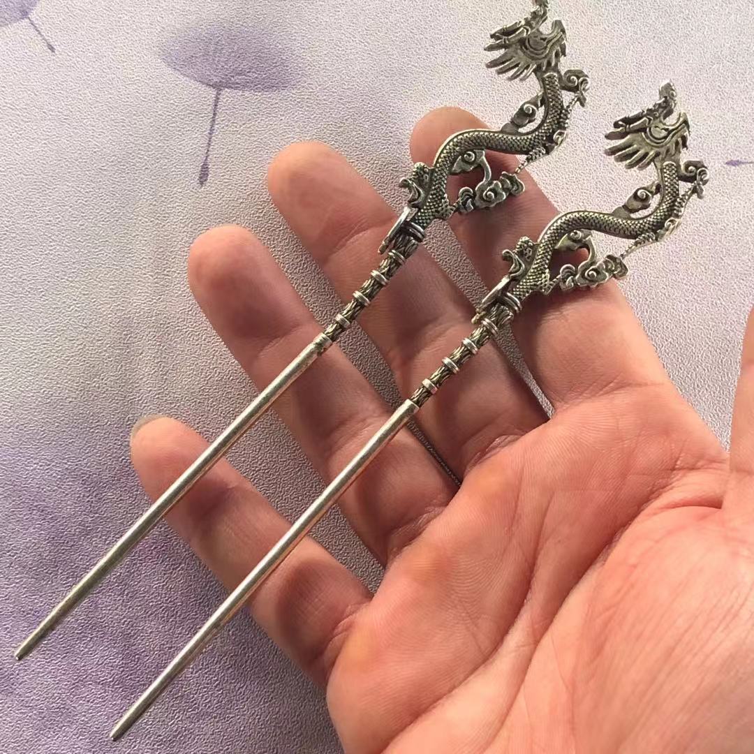 批发苗银发簪发钗民族风藏银龙头款发簪饰品古典盘发头饰一件代发